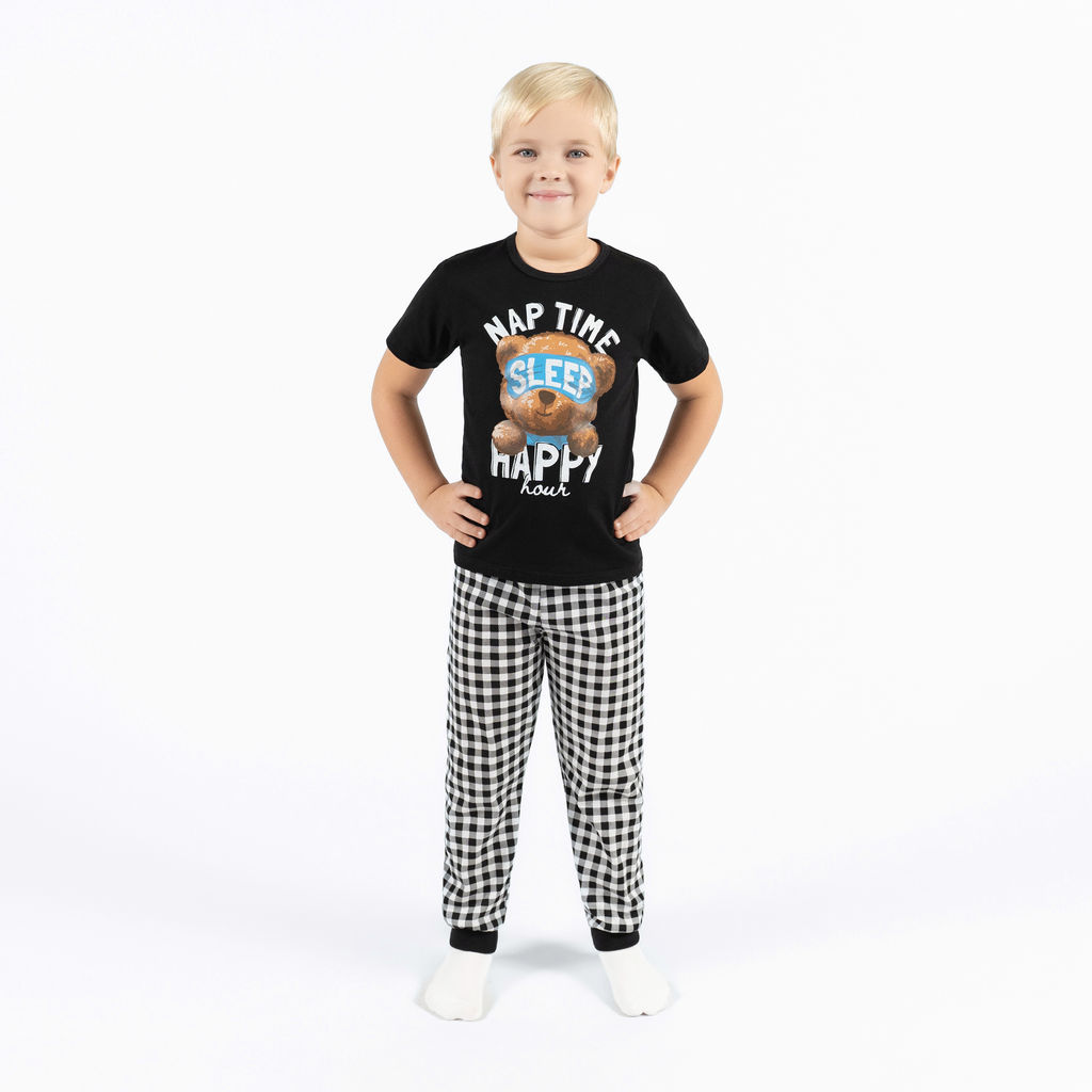 Пижама детская черная клетка принт мишка