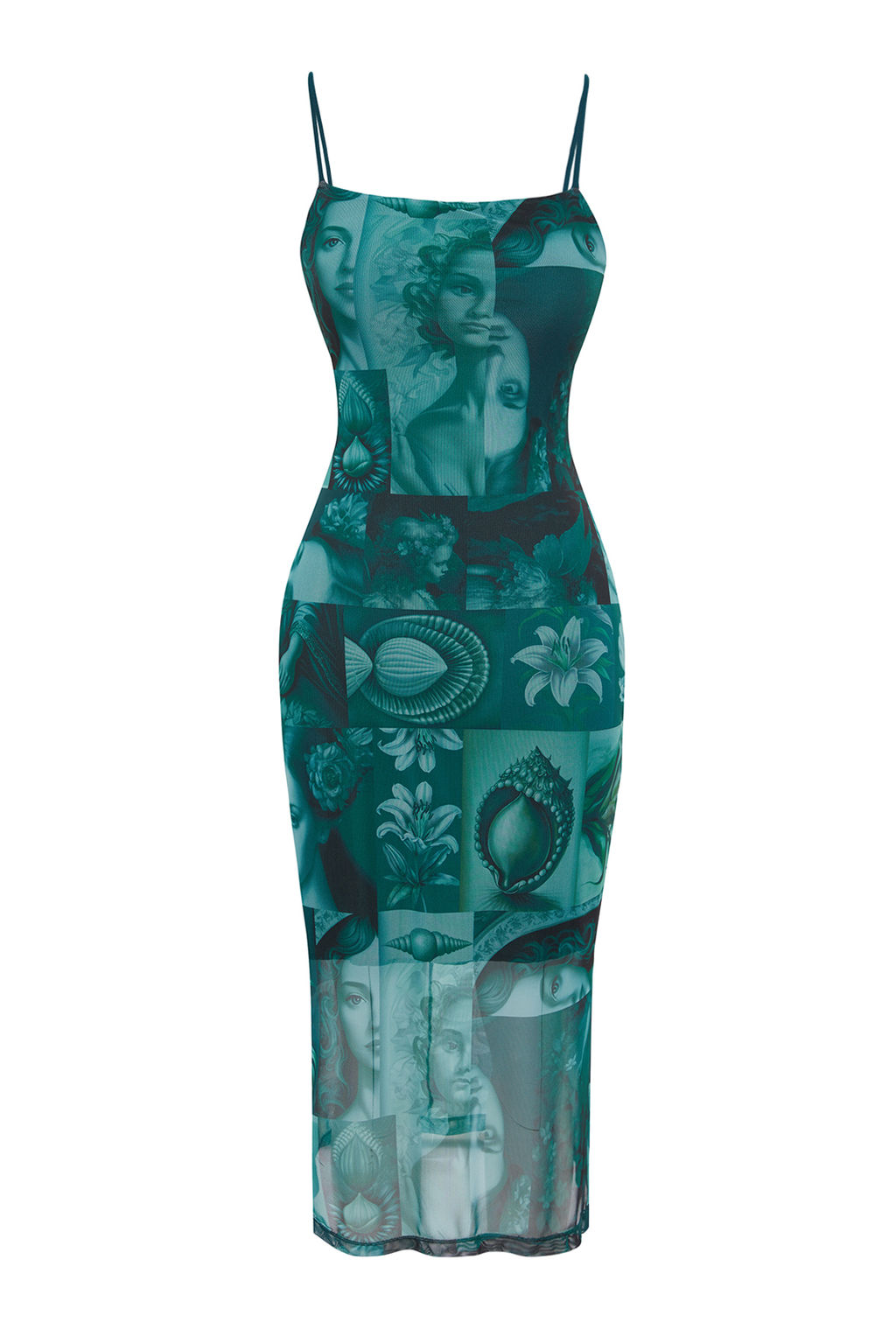 Zumrut Yesili Ask?l? Fitted/Vucuda Oturan Kare Yaka Tul Esnek Orme Midi Kalem Elbise TWOSS22EL00726