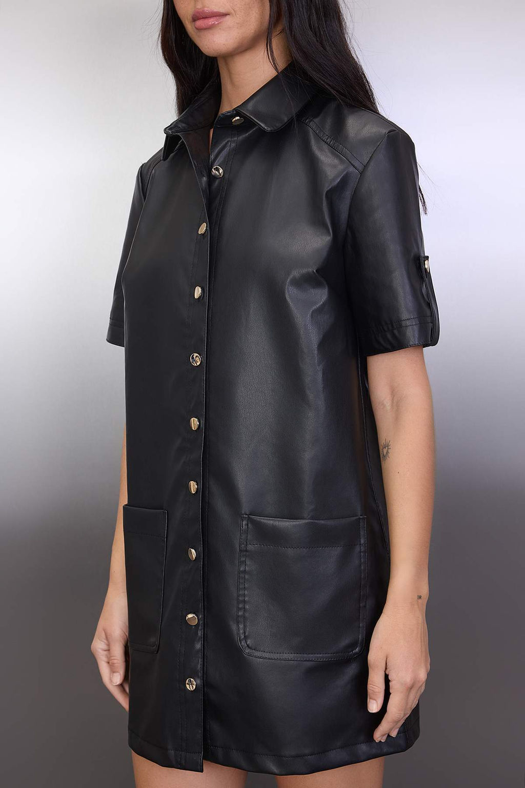 Siyah Duz Dugmeli K?sa / Mini Dokuma Elbise TWOAW26EL00351