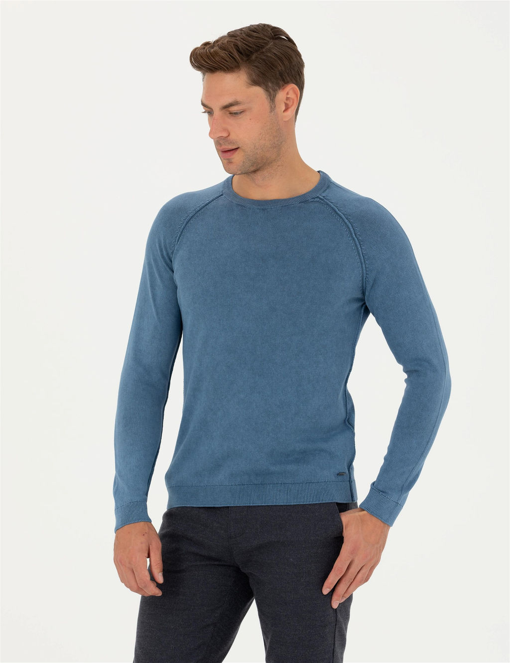 Koyu Mavi Slim Fit Bisiklet Yaka Triko Kazak