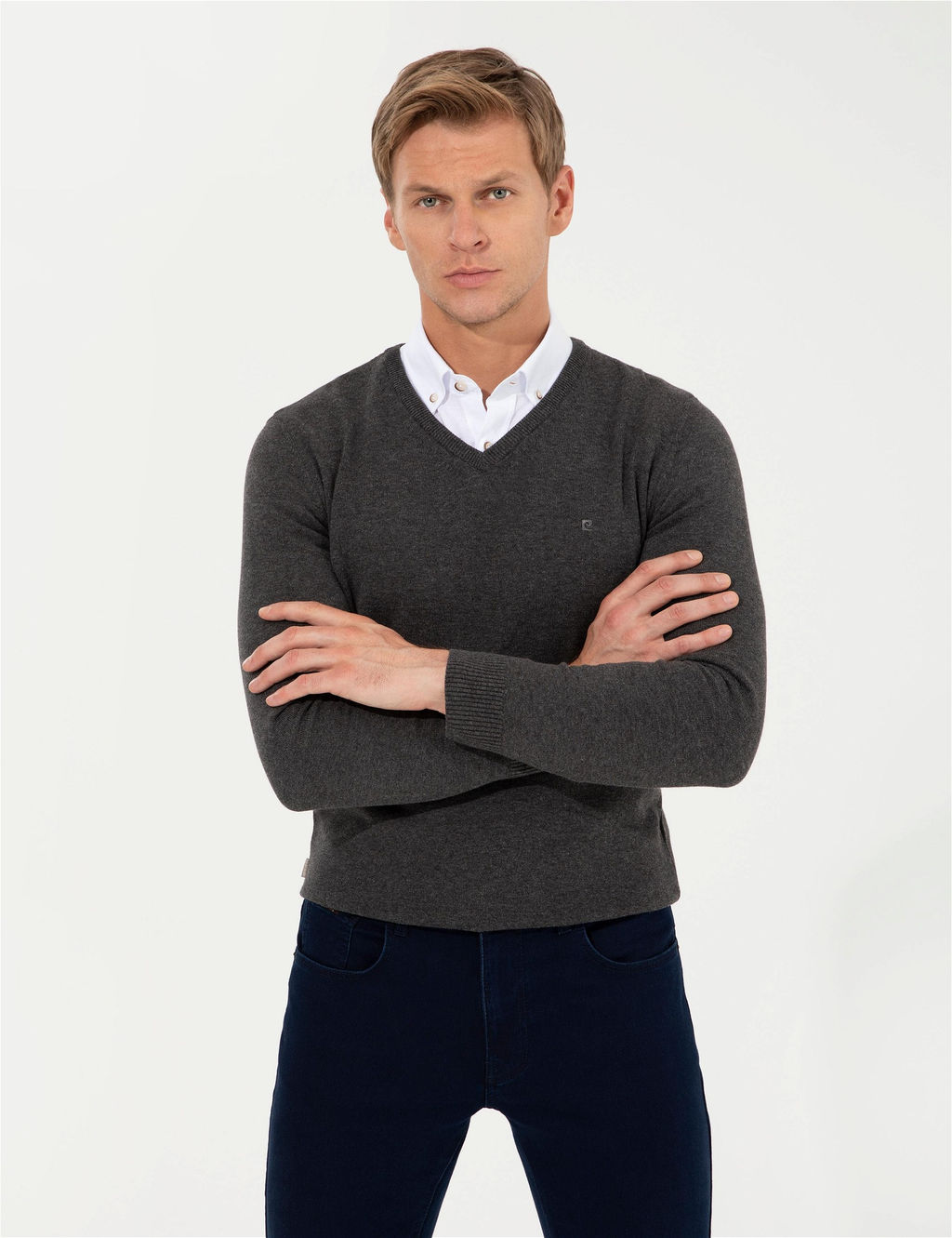 Gri Melanj Slim Fit V Yaka Basic Triko Kazak