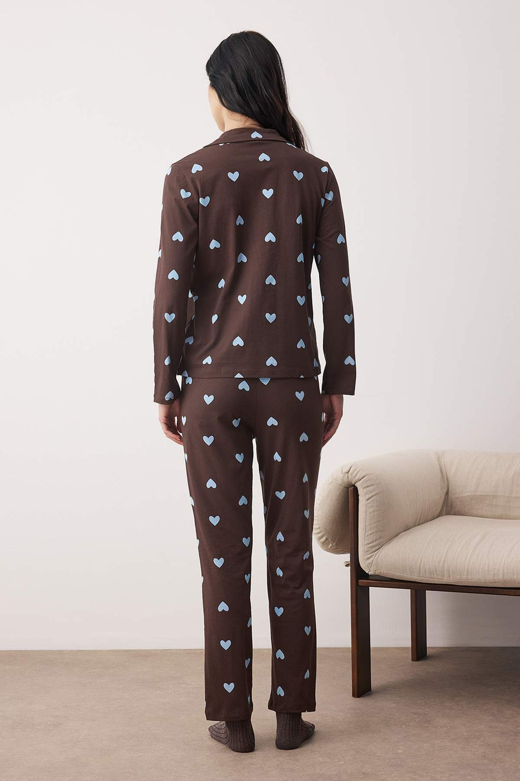 Kahverengi-Mavi %100 Pamuklu Kalp Desenli Orme Pijama Tak?m? THMAW21PT0548