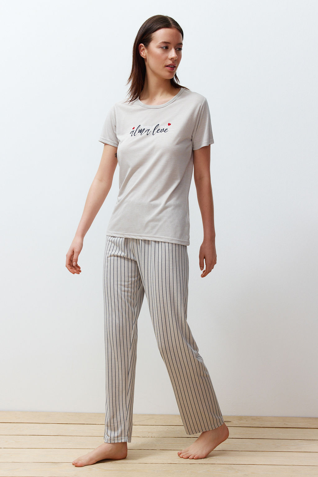 Trendyolmilla Mint Slogan Bask?l? Cizgili Orme Pijama Tak?m? THMSS24PT00251  фото 9