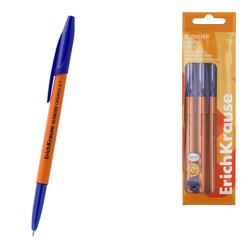 Цена за 12 шт. Набор из 4 ручек шариковых ErichKrause Slender® Stick Orange 0.7, Super Glide Technology, цвет чернил синий (в пакете)