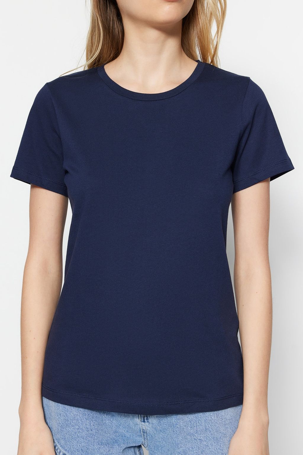 Lacivert-Bej %100 Pamuk 2li Paket Basic Bisiklet Yaka Orme T-Shirt TWOSS20TS0141