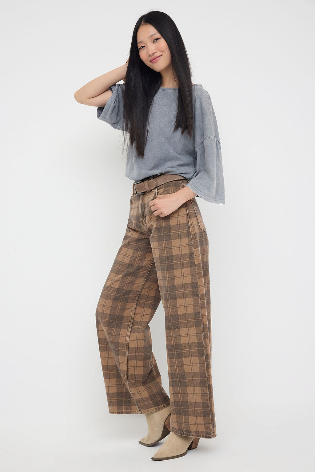 Teen Cok Renkli Normal Bel Ekose Desenli Wide Leg Jeans TWOAW26JE00024 - Trendyolmilla фото 3