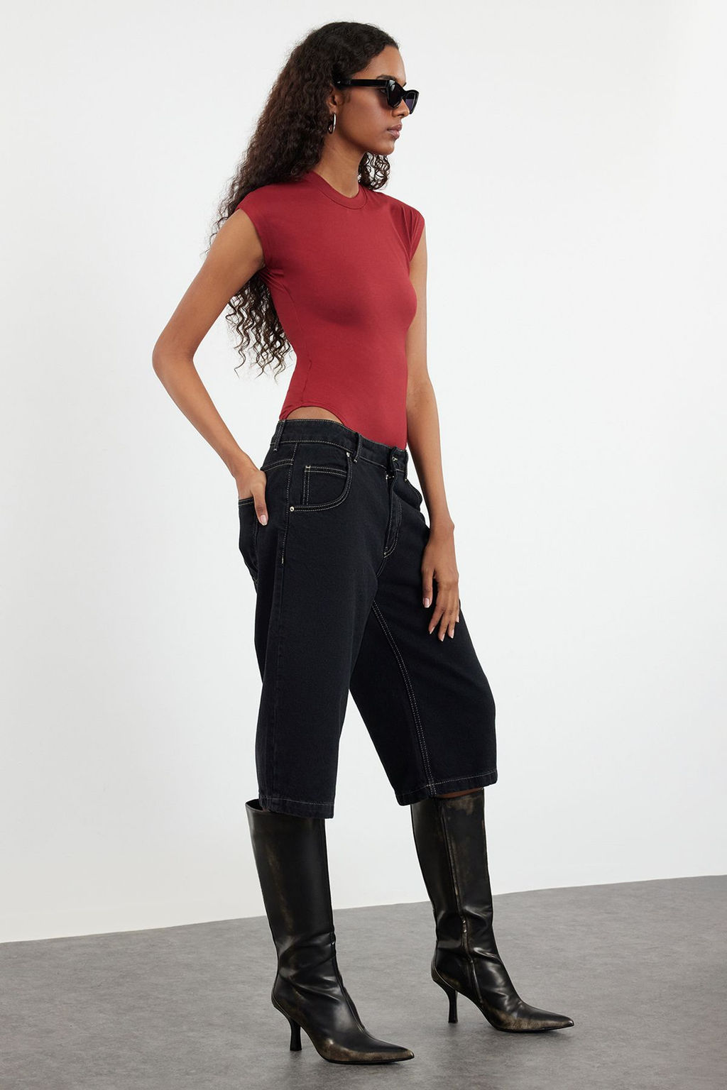 Bordo Fitted/Vucuda Oturan Uzun Kollu Dik Yaka Esnek C?tc?tl? Orme Body TWOAW25BD00003 - Trendyolmilla фото 2