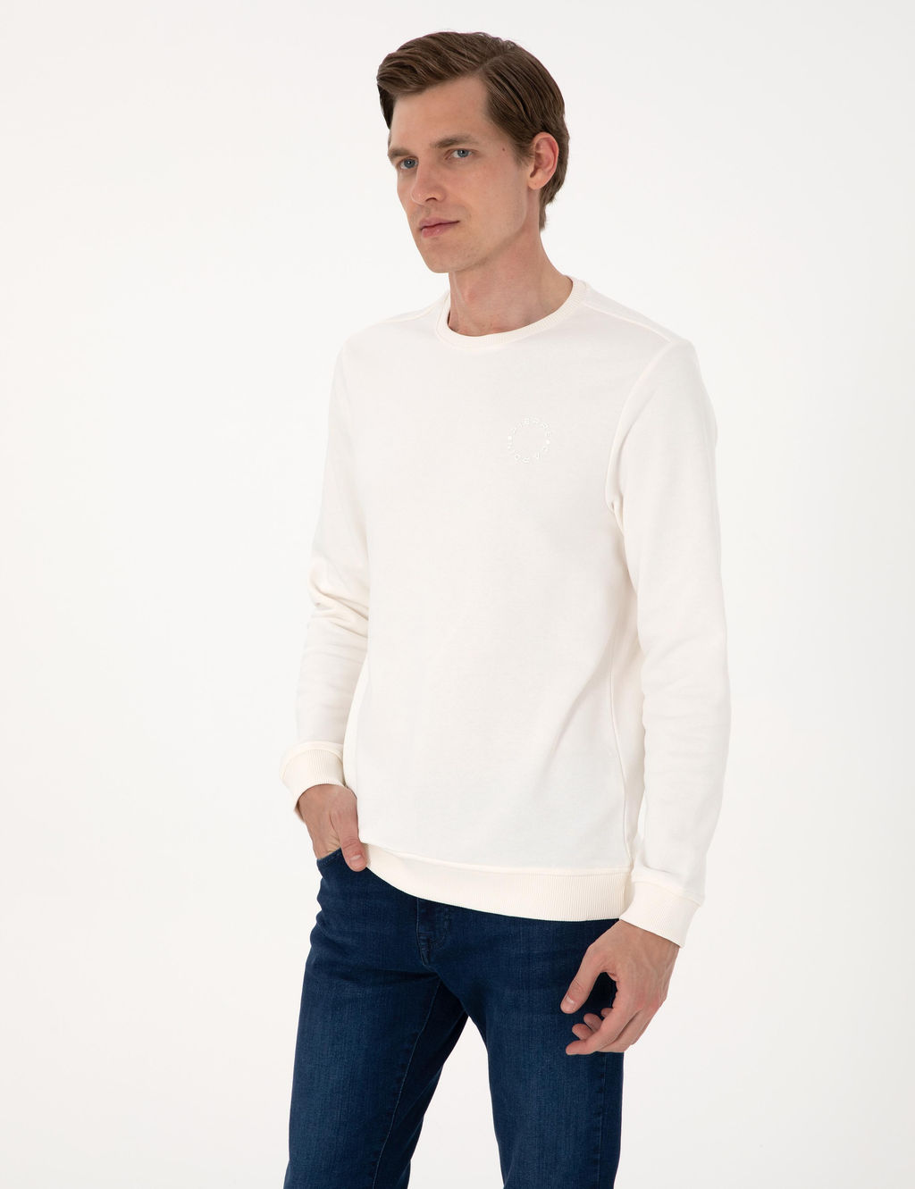 Ekru 3 _plik Regular Fit Bisiklet Yaka Basic Sweatshirt