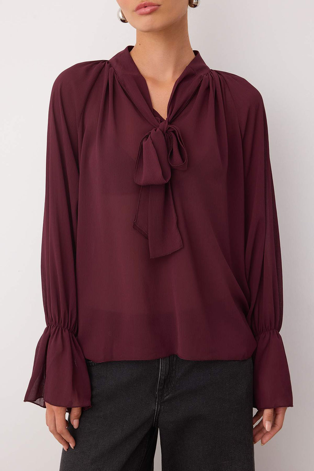 Limited Edition Koyu Bordo Boyundan Baglamal? Astars?z Dokuma Party Bluz TPRAW26BZ00025
