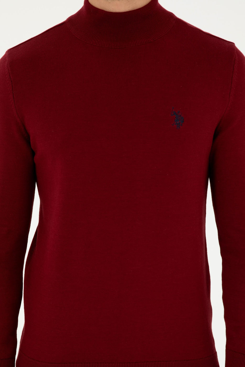Erkek Slim Fit Yar_m Bo_azl_ Bordo Basic Kazak