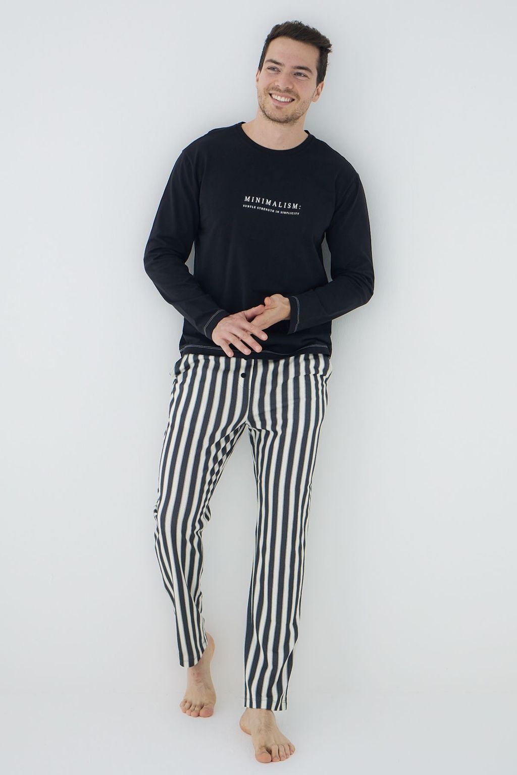 TRENDYOL MAN Siyah Regular Fit Cizgili Orme Pijama Tak?m? TMNAW25PT00068 - Trendyolmilla фото 2