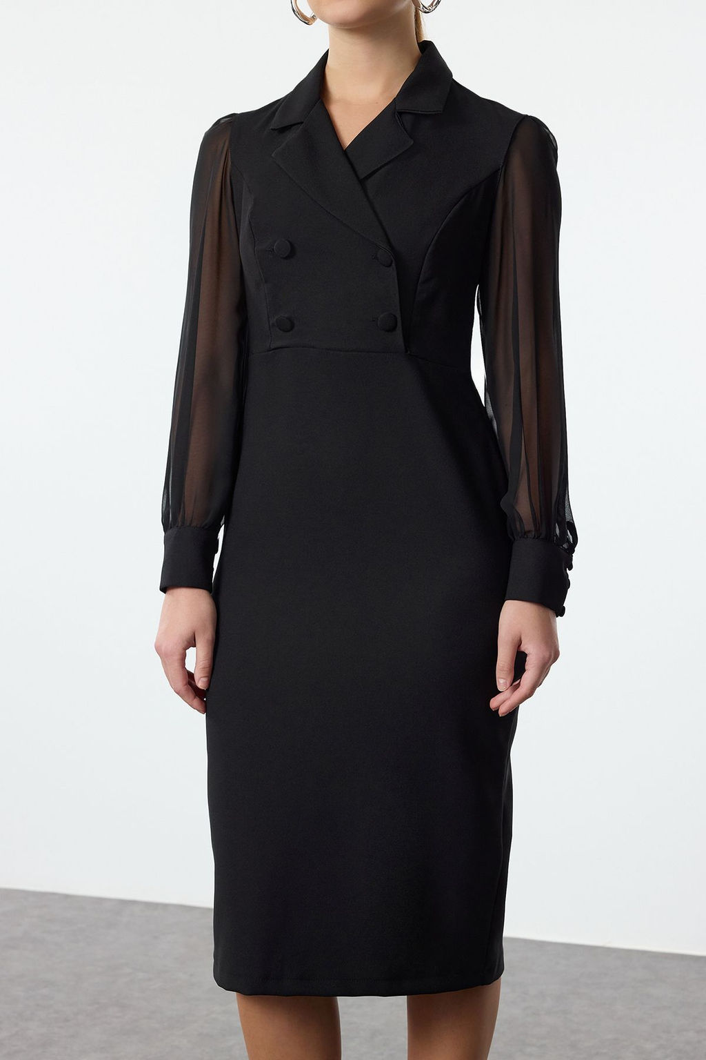 TRENDYOLMILLA Siyah Vucudu Saran Sifon Kol Detayl? Midi Dokuma Elbise TWOAW25EL00137  фото 4