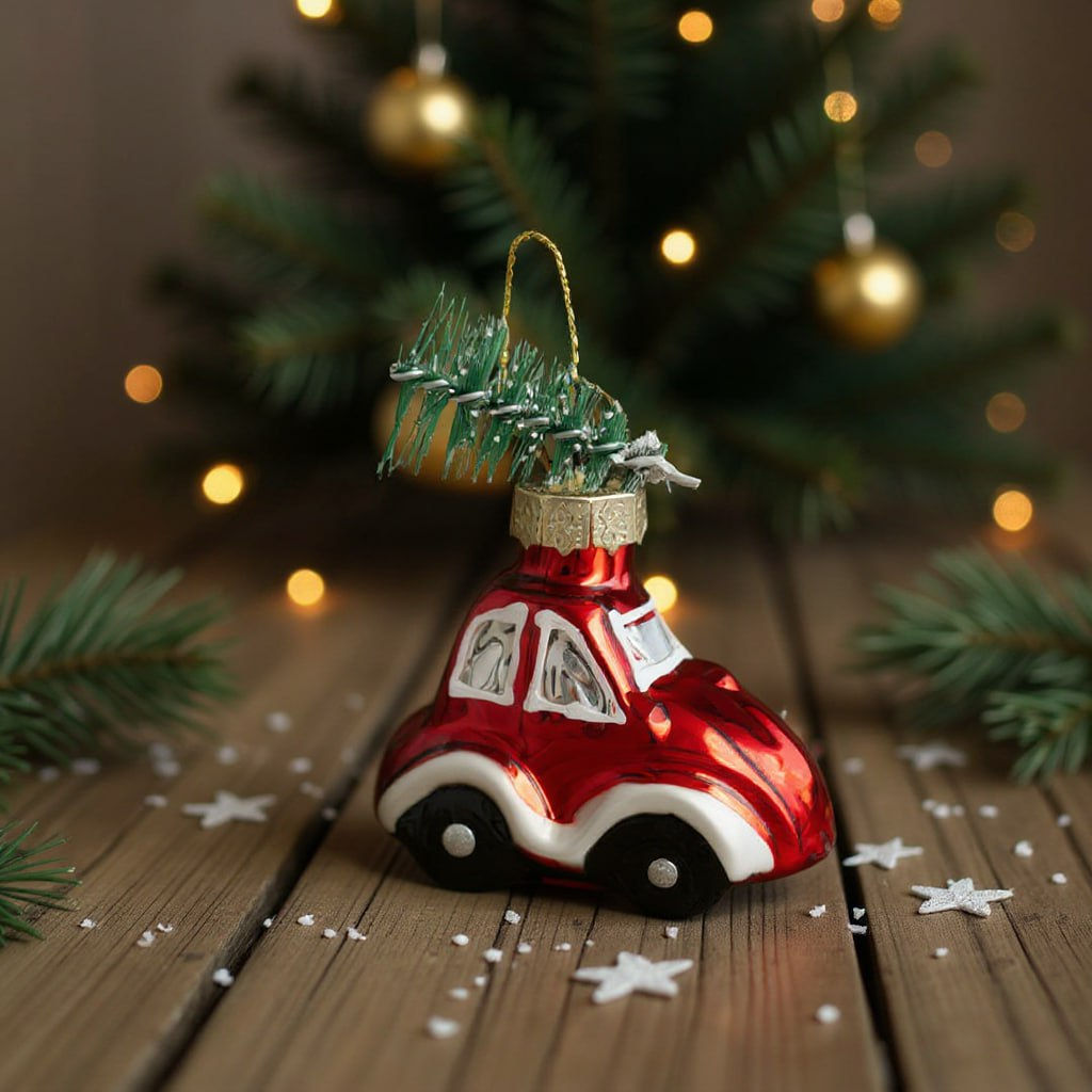 Игрушка елочная, 4х6 см, стекло, красная, Машина с елкой, New year - Anna lafarg фото 7