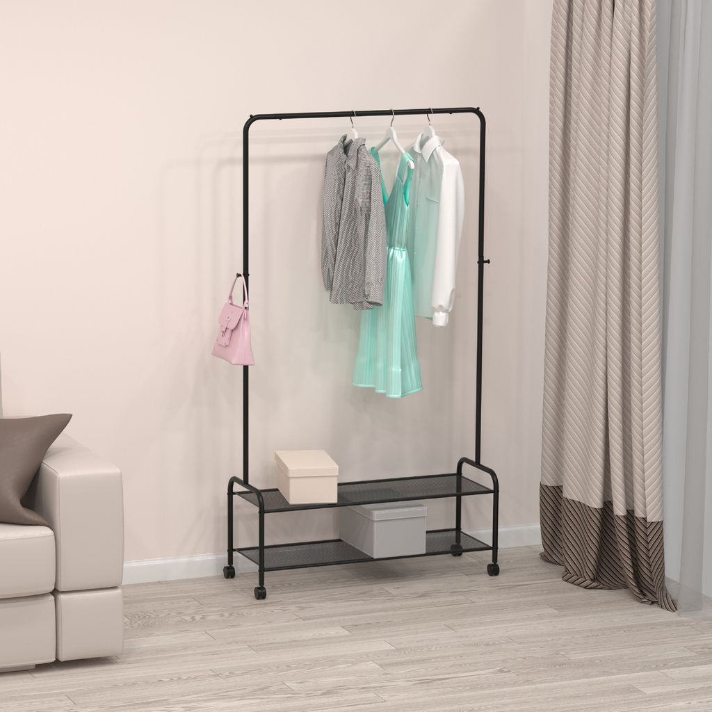 Вешалка гардеробная "Валенсия 32М" с двумя полками, на колёсах (VALENCIA 32M clothes rack) Черный