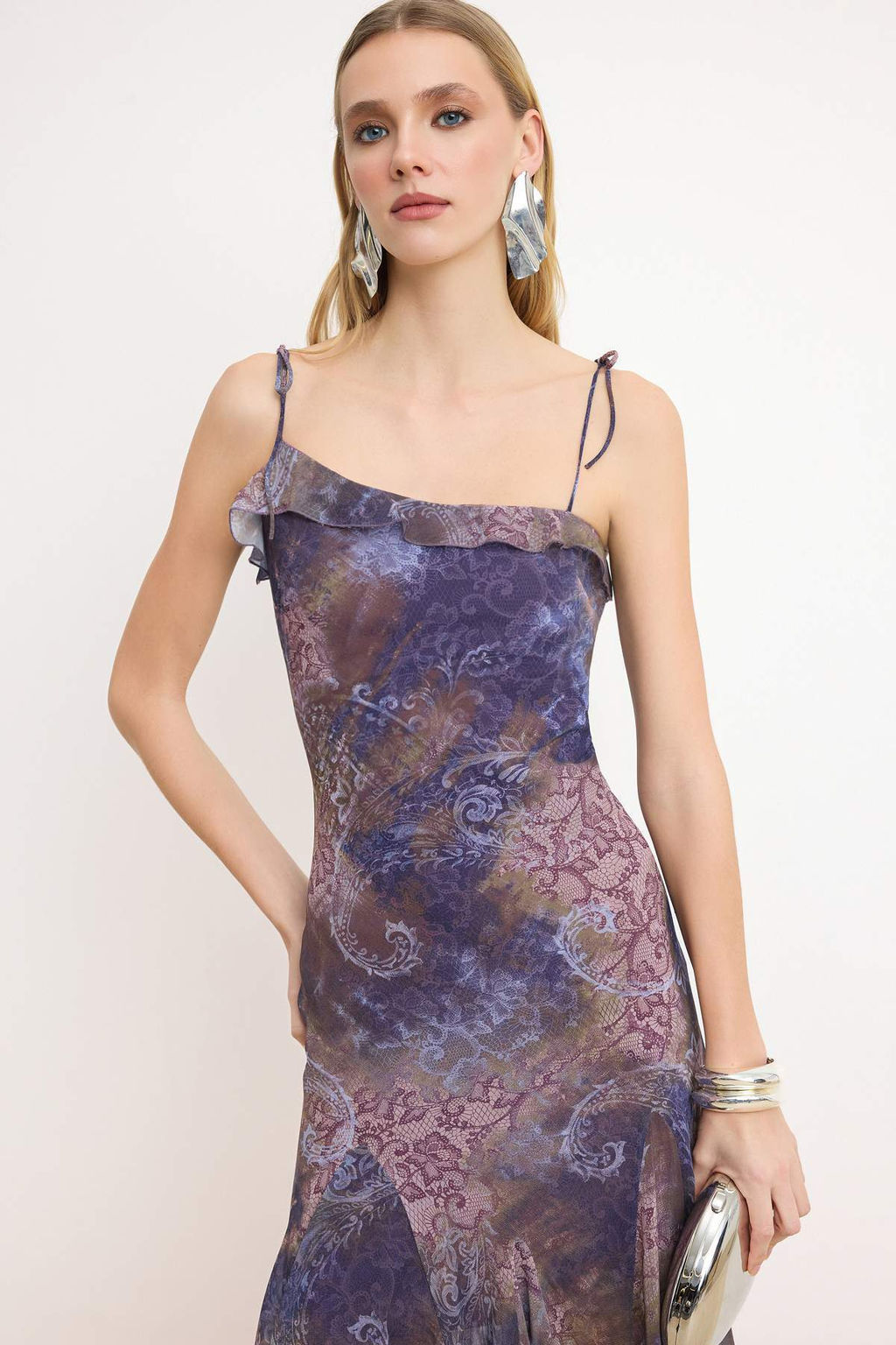 Mor-Cok Renkli Soyut Desen Sifon Midi Astarl? Party Elbise TPRSS26EL00072