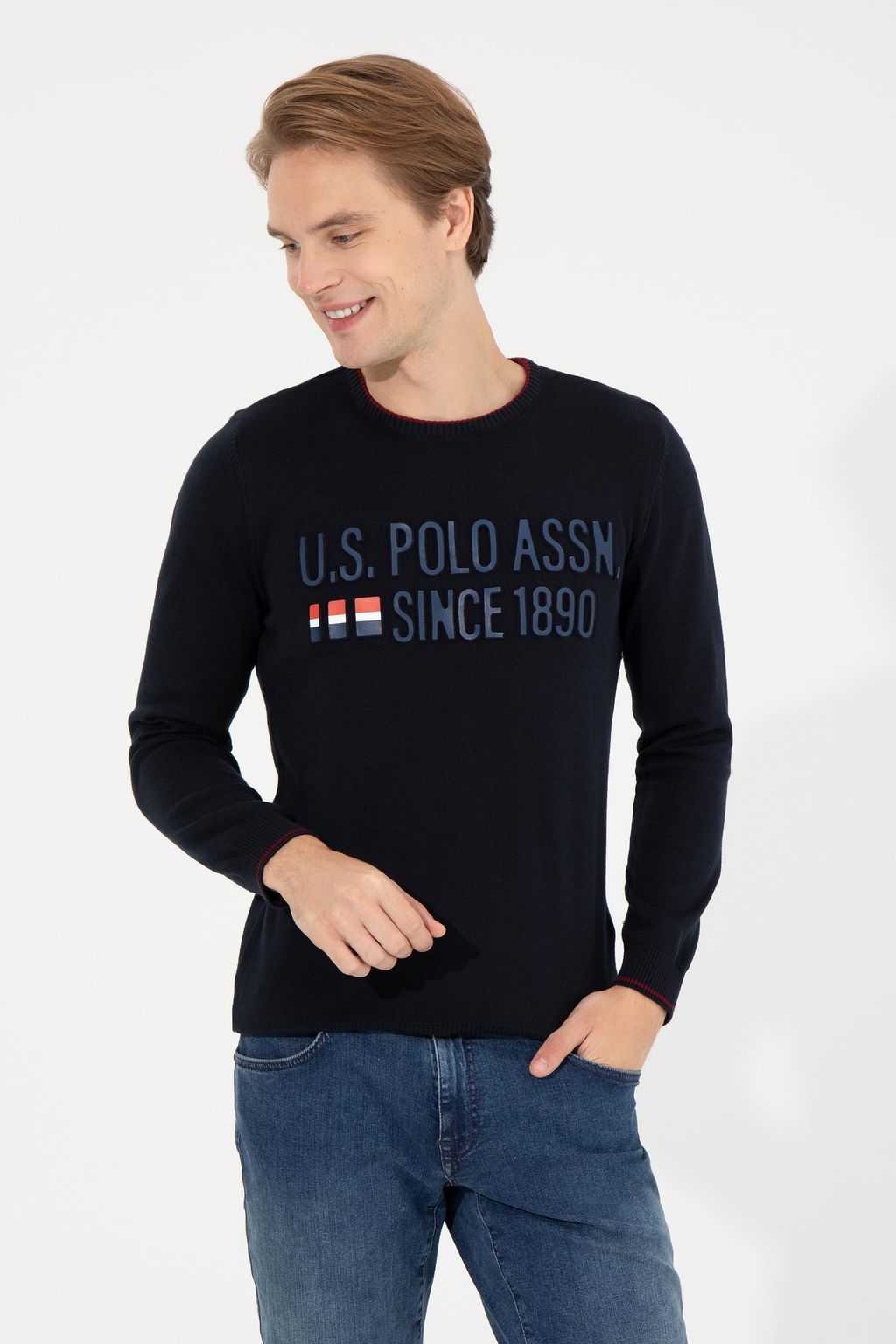 U. S. Polo Assn Мужской темно-синий трикотажный свитер с круглым вырезом - U.s. polo assn фото 3