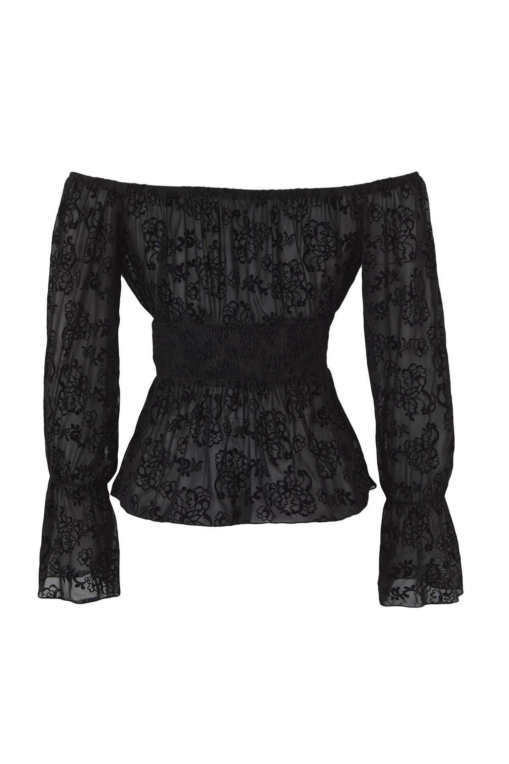 Siyah Cicekli Astars?z Carmen Yaka Baglamal? Tul Party Bluz TPRAW26BZ00014