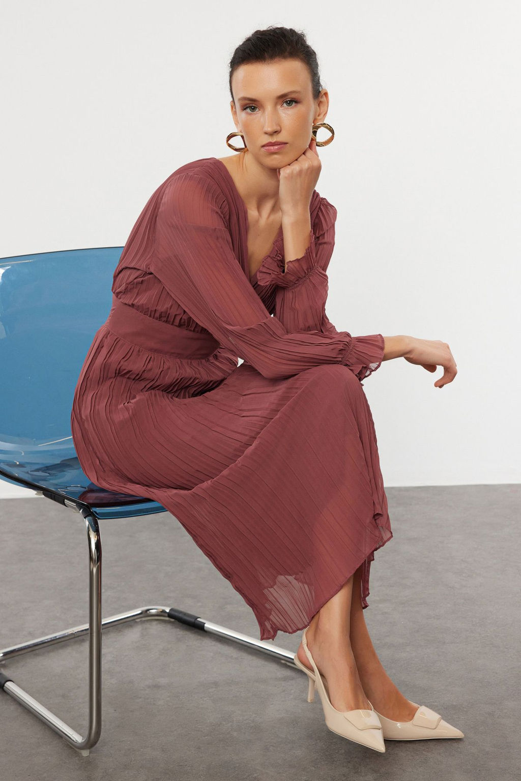 TRENDYOLMILLA K?rm?z? Piliseli Astarl? Sifon Dokuma Elbise TWOAW24EL00478  фото 11