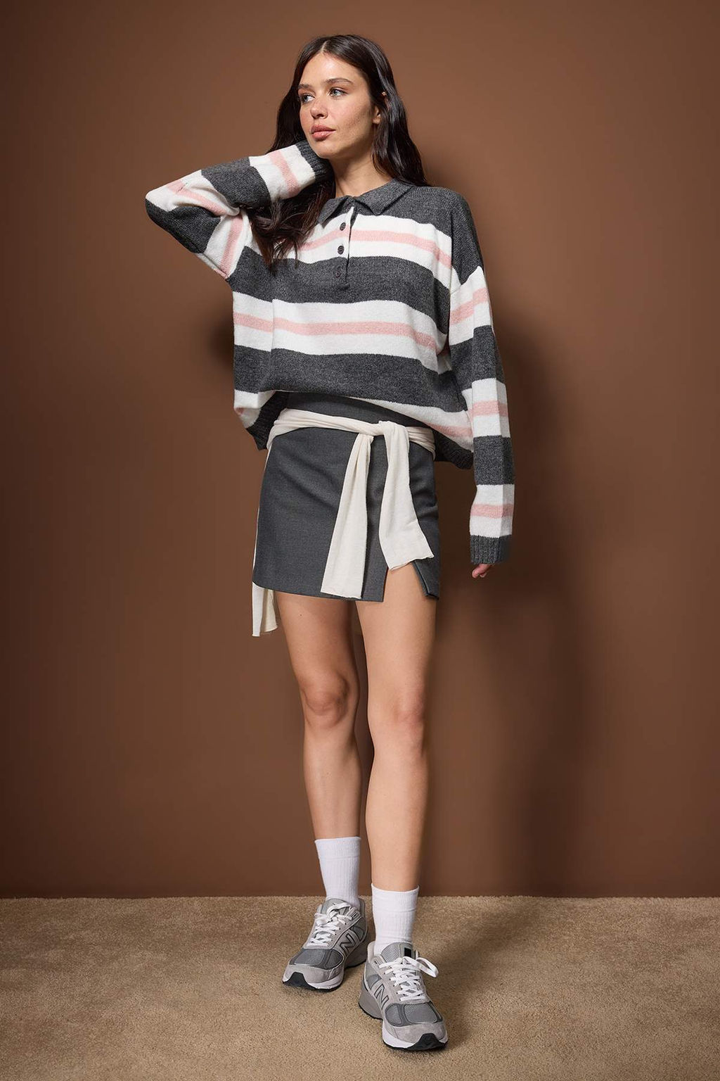 Antrasit Polo Yaka Pembe Cizgili Triko Kazak TWOAW26KZ00286 - Trendyolmilla фото 2