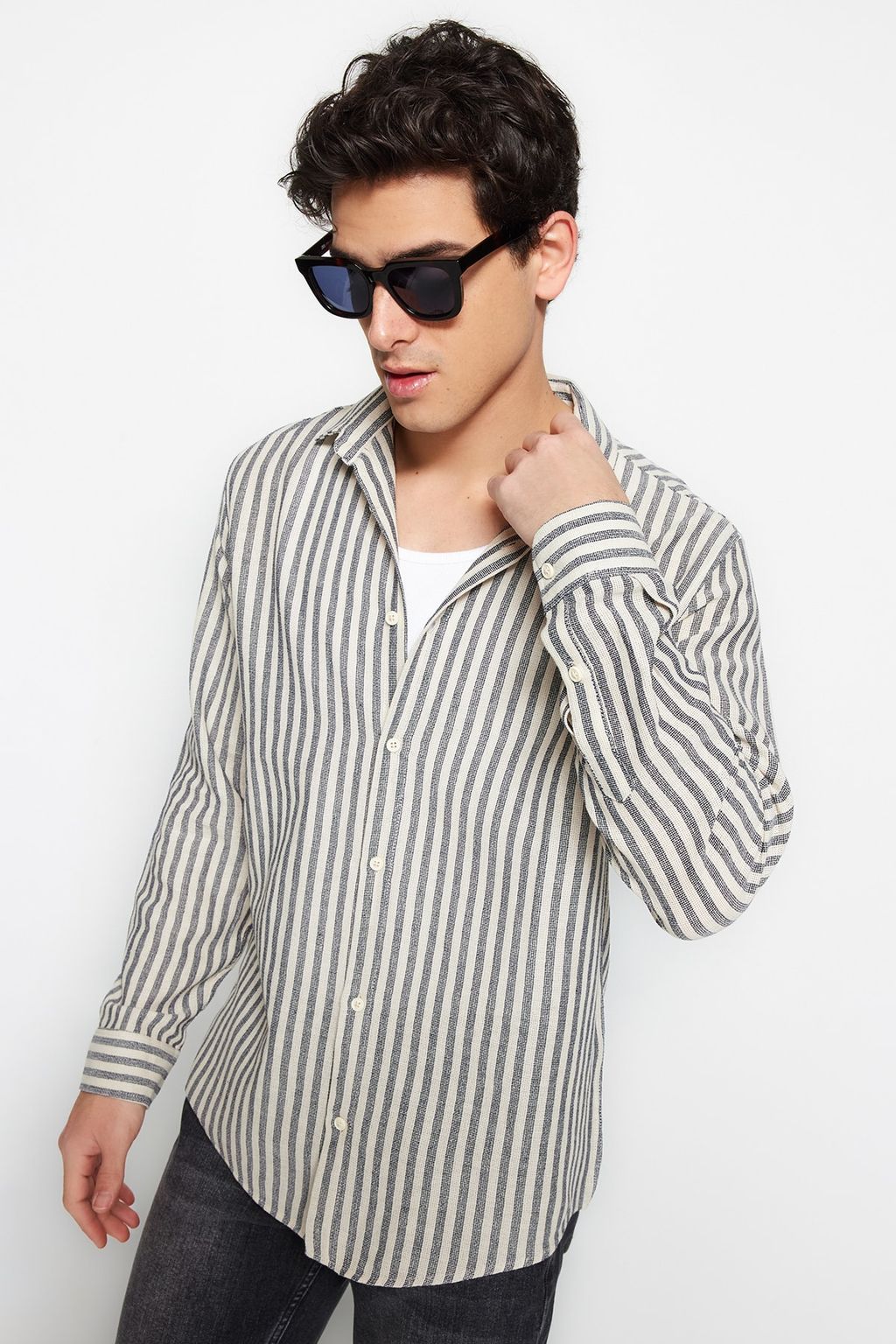 TRENDYOL MAN Premium Lacivert Regular Fit Cizgili Dokulu Keten Gorunumlu Gomlek TMNSS23GO00062 - Trendyolmilla фото 12