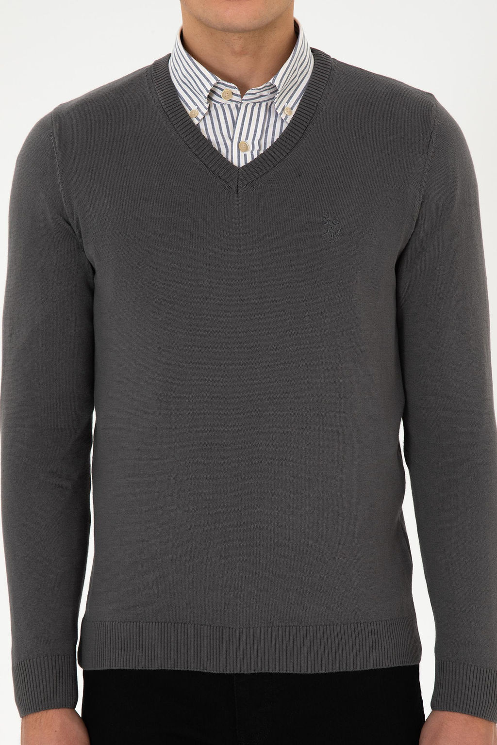 Erkek Slim Fit V Yaka Gri Basic Triko Kazak - U.s. polo assn фото 6
