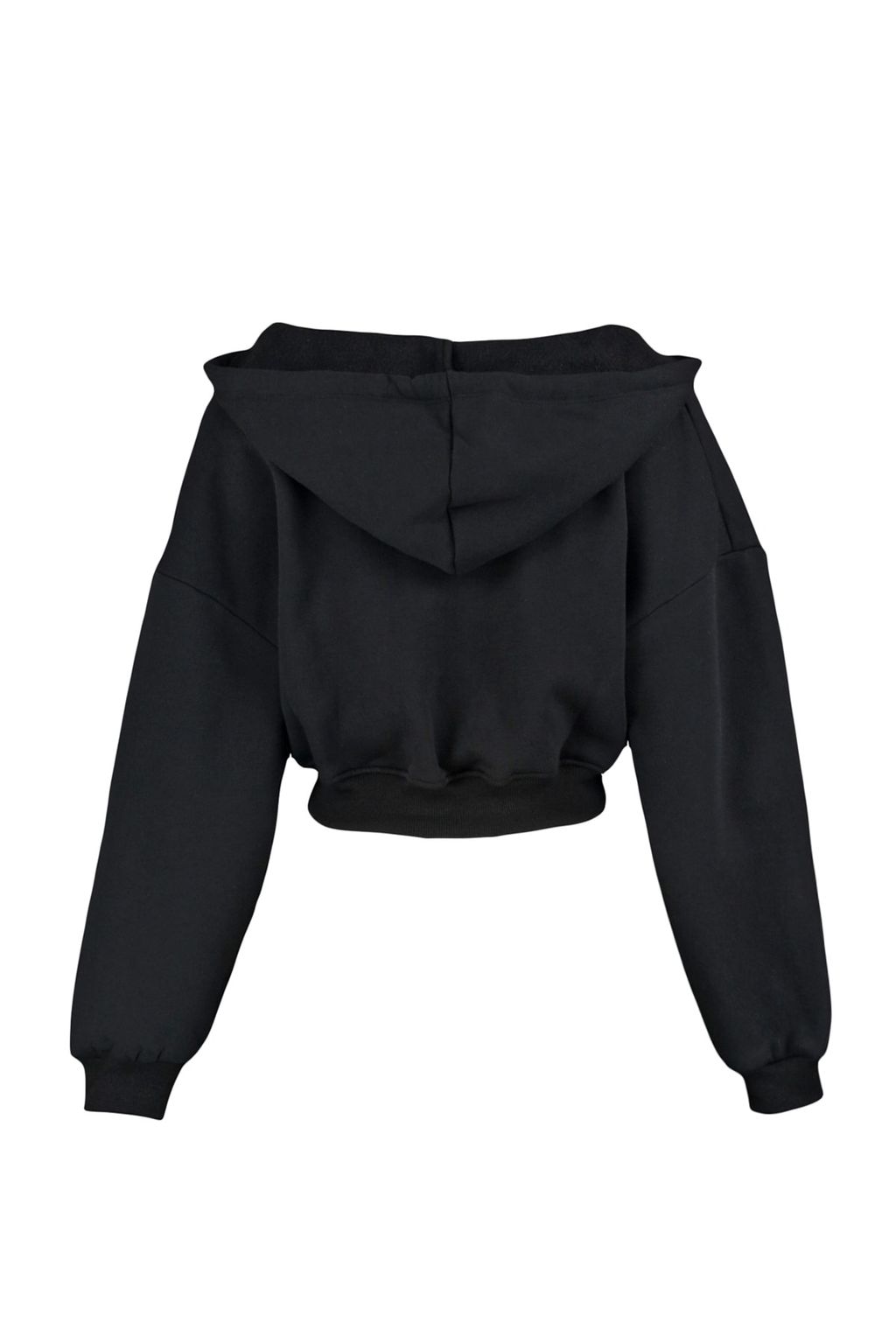 Siyah Kal?n Ici Polarl? Kapusonlu V Yaka Rahat Kesim Crop Orme Sweatshirt TWOAW23SW00096
