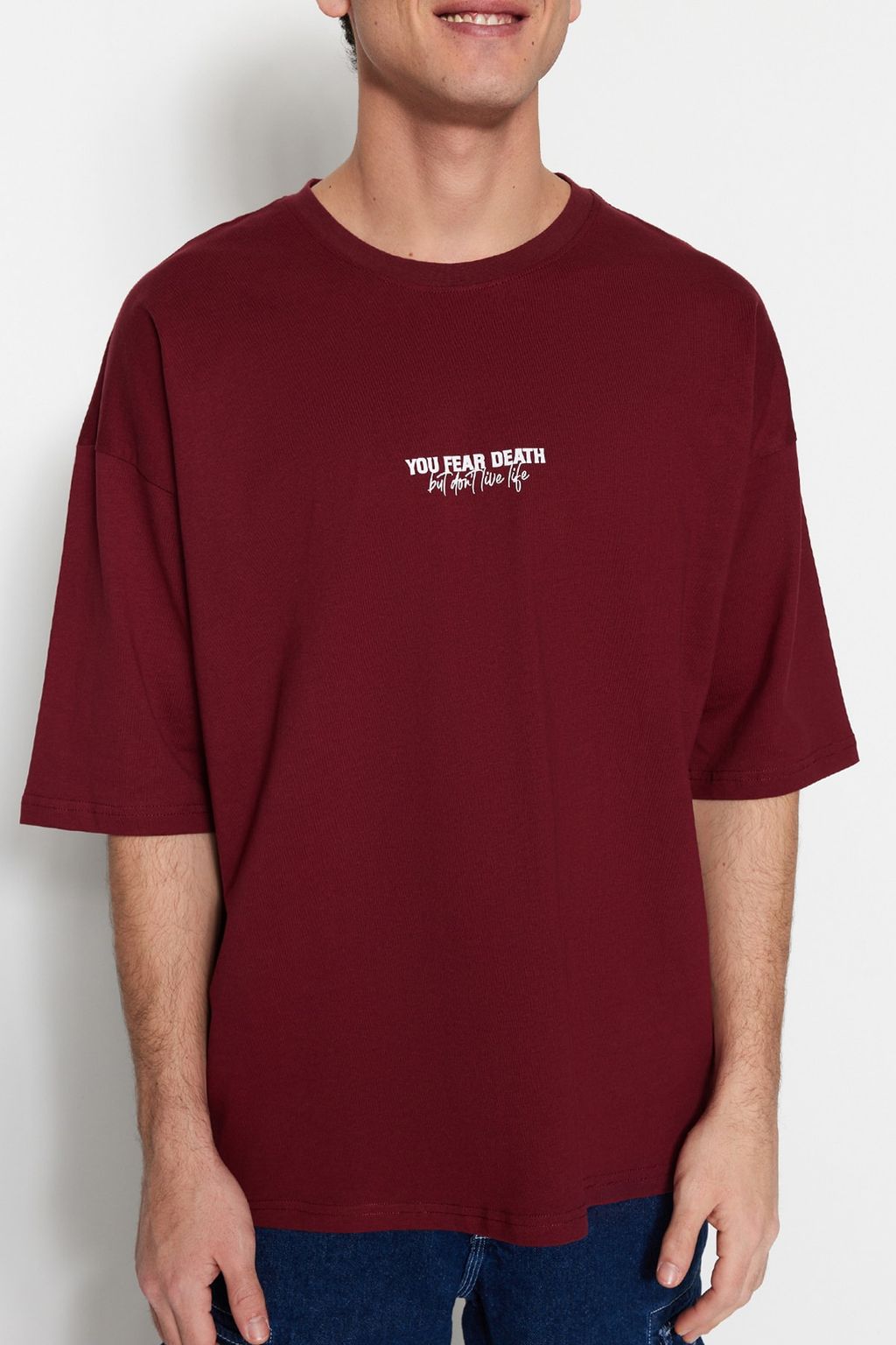 TRENDYOL MAN Bordo Oversize/Genis Kesim %100 Pamuklu Minimal Yaz? Bask?l? T-Shirt TMNSS23TS00099 - Trendyolmilla фото 5
