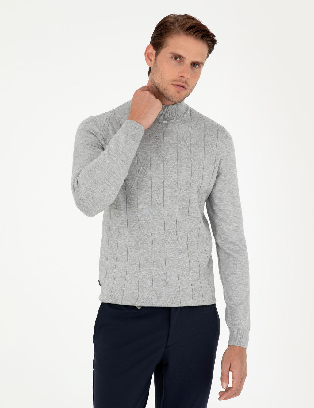 Gri Slim Fit Yar_m Bal_k__ Yaka Y_n Kar___ml_ Triko Kazak