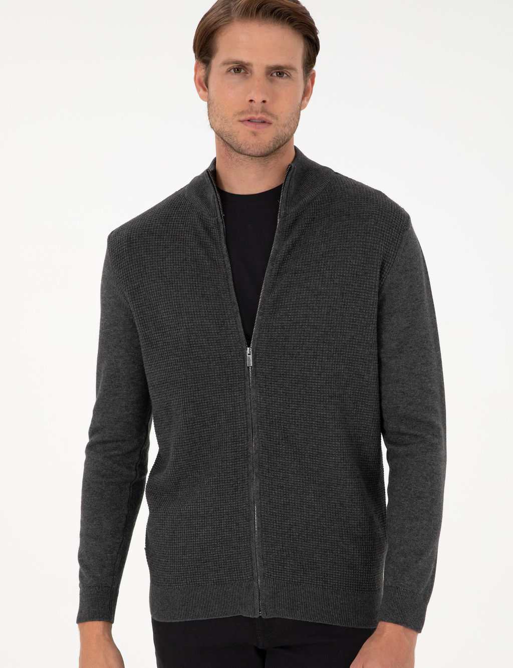 Gri Melanj Slim Fit Fermuarl_ Triko H_rka