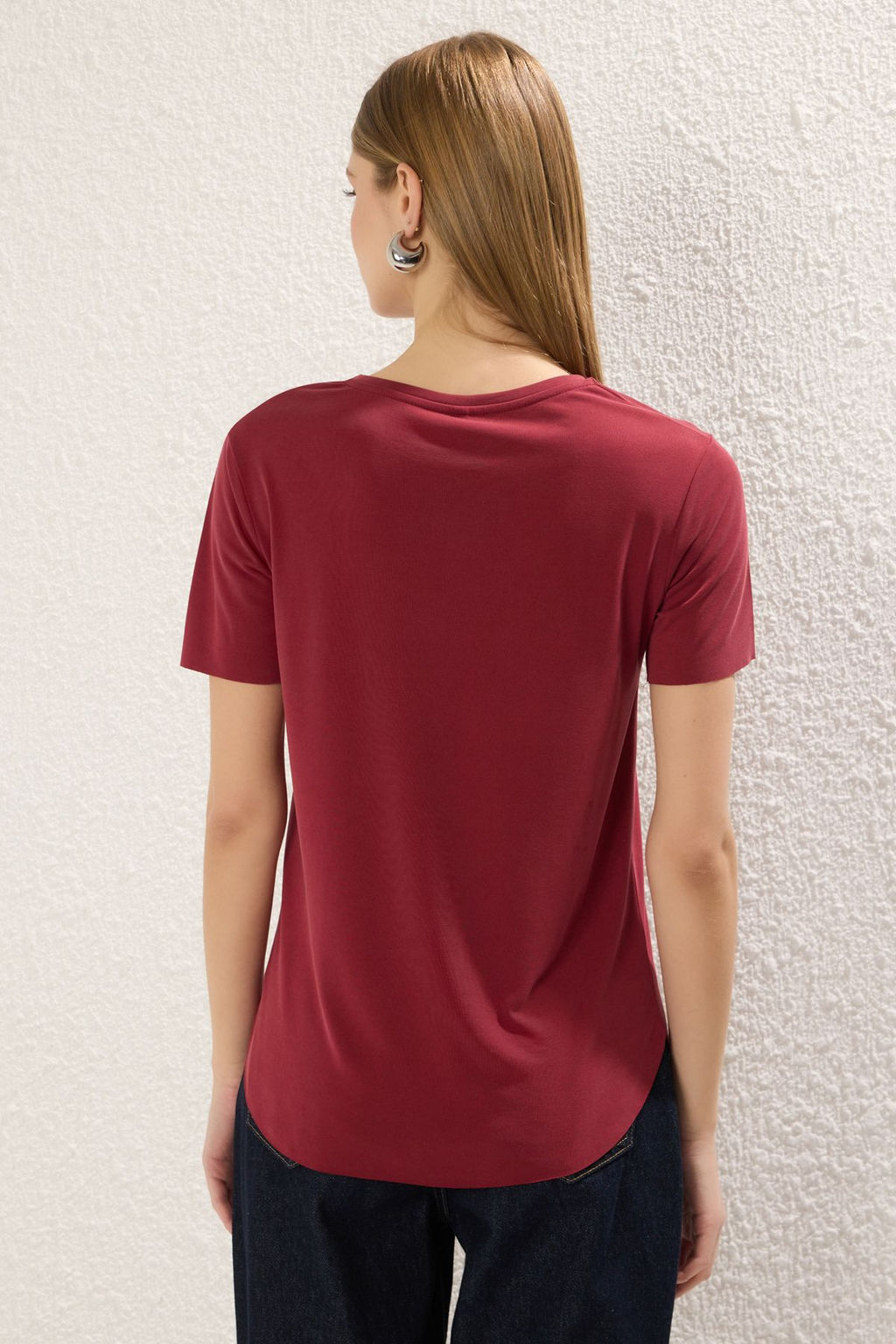 TRENDYOLMILLA Bordo More Sustainable Soluk efektli Modal Kumas Oversize/Genis Kesim Orme T-Shirt TWOSS25TS00124  фото 9