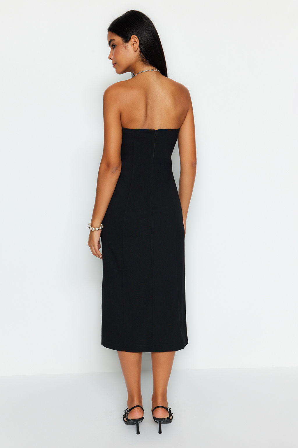 Siyah Duz Kesim Dugme Detayl? Straplez Midi Dokuma Elbise TWOAW24EL00418 - Trendyolmilla фото 12