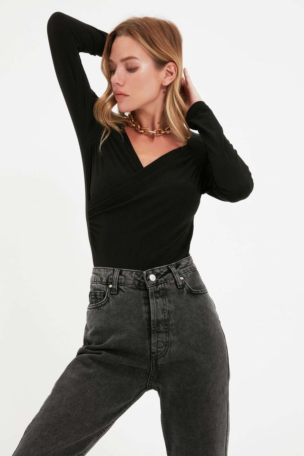 Siyah Vatkal? Drape Detayl? Fitted/Vucuda Oturan Esnek C?tc?tl? Orme Body TWOAW22BD0156