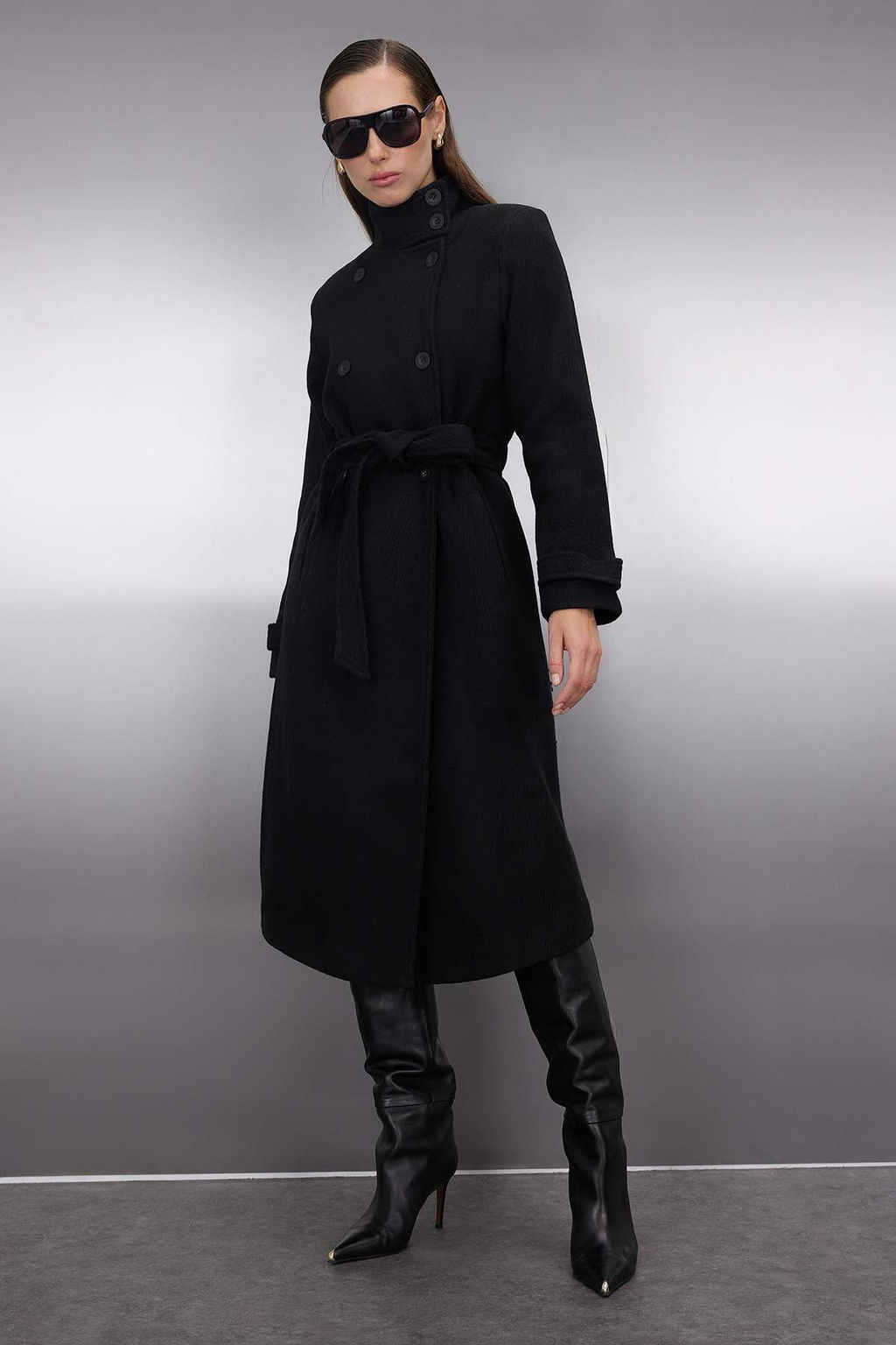 Siyah Dik Yaka Diagonel Kruvaze Regular Uzun Kase Kaban TWOAW26KB00048 - Trendyolmilla фото 4