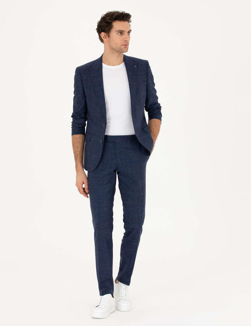 Lacivert Slim Fit Y_n Keten Kar___ml_ Tak_m Elbise