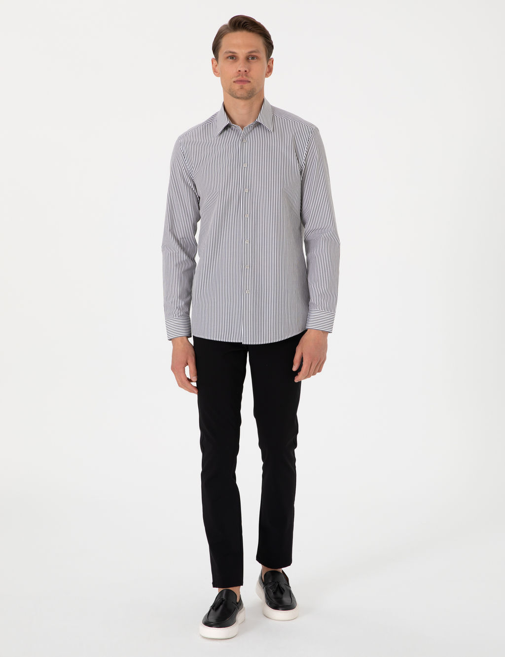 Siyah Slim Fit _izgili Uzun Kollu G_mlek