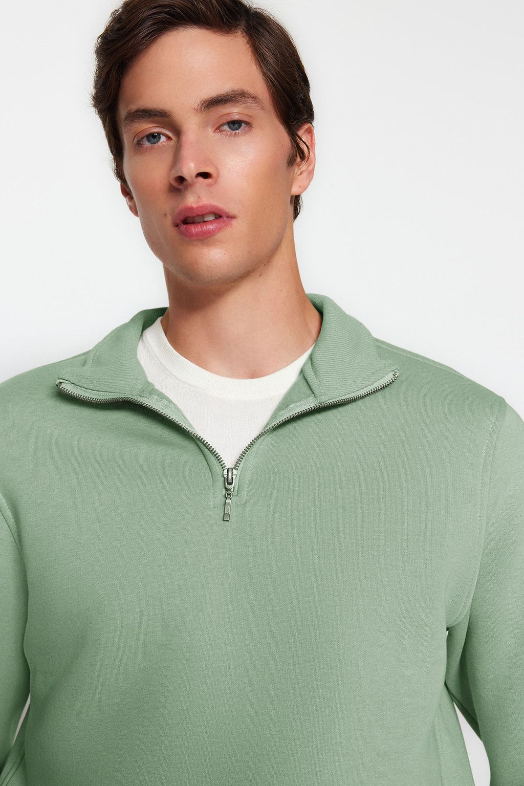 Mint Regular/Normal Kesim Dik Yaka Fermuarl? Pamuklu Basic Ici Polarl? Sweatshirt TMNAW24SW00041
