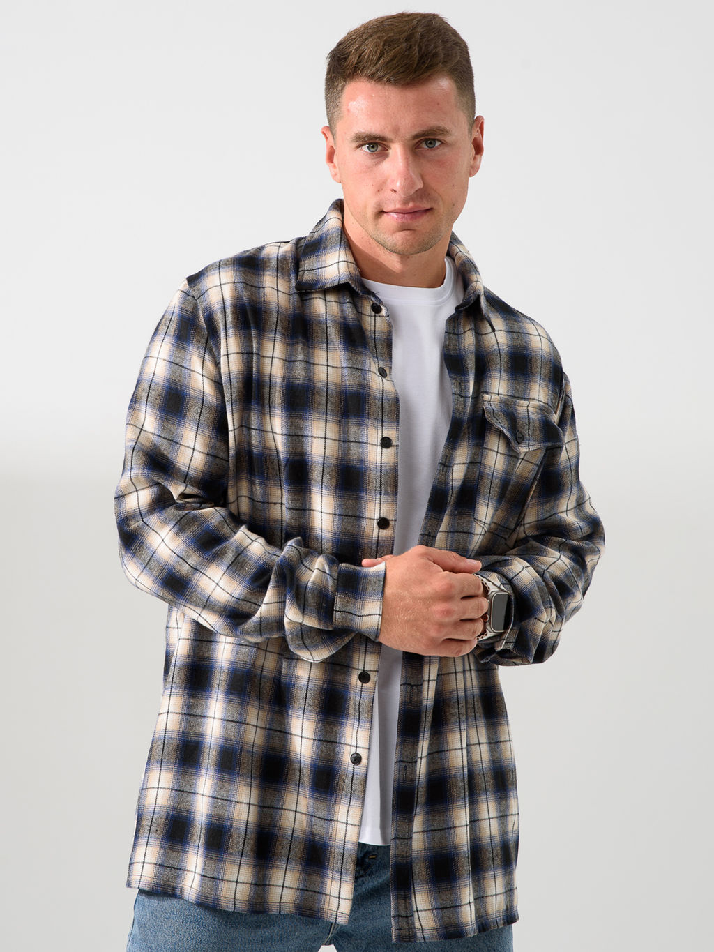 Рубашка Оптима Имидж фланель клетка темно-синий  фото 2