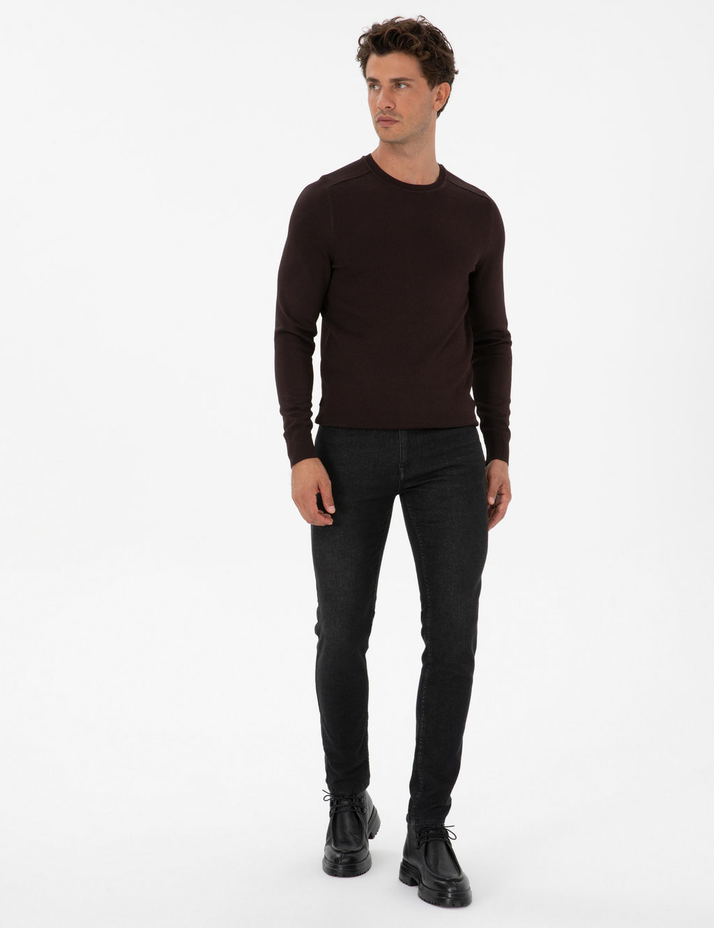 Koyu Kahverengi Slim Fit Bisiklet Yaka Triko Kazak