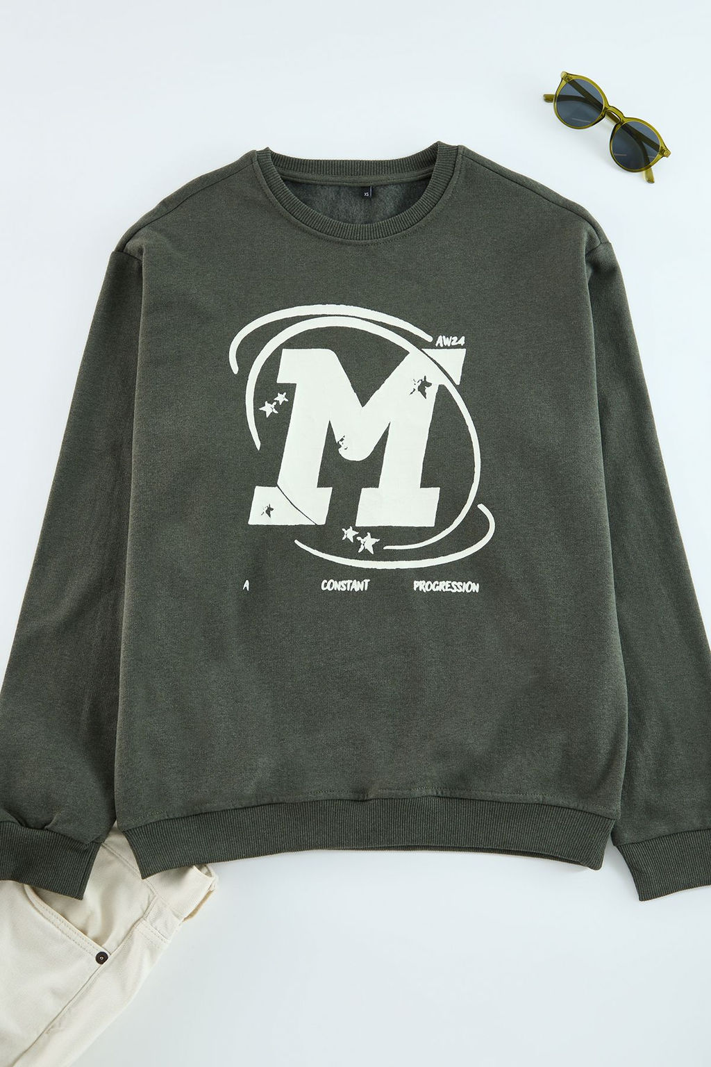 TRENDYOL MAN Haki Oversize/Genis Kesim Catlak Bask? Ici Polarl? Sweatshirt TMNAW25SW00062 - Trendyolmilla фото 6