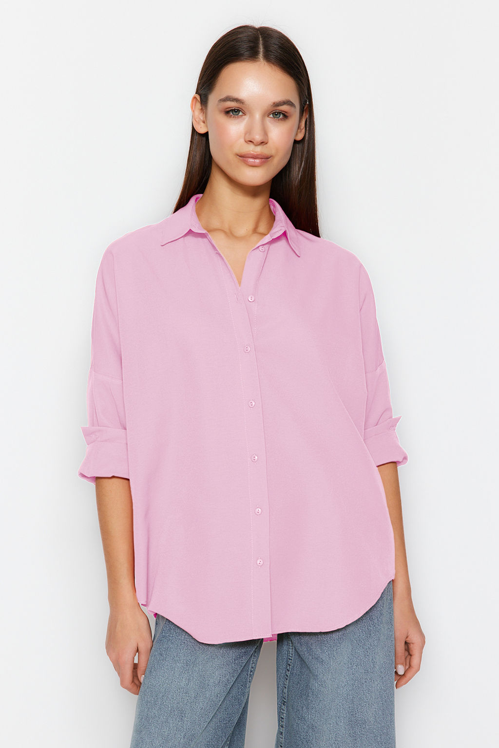 Pembe Pamuklu Oversize Genis Kal?p Dokuma Gomlek TWOSS22GO0669