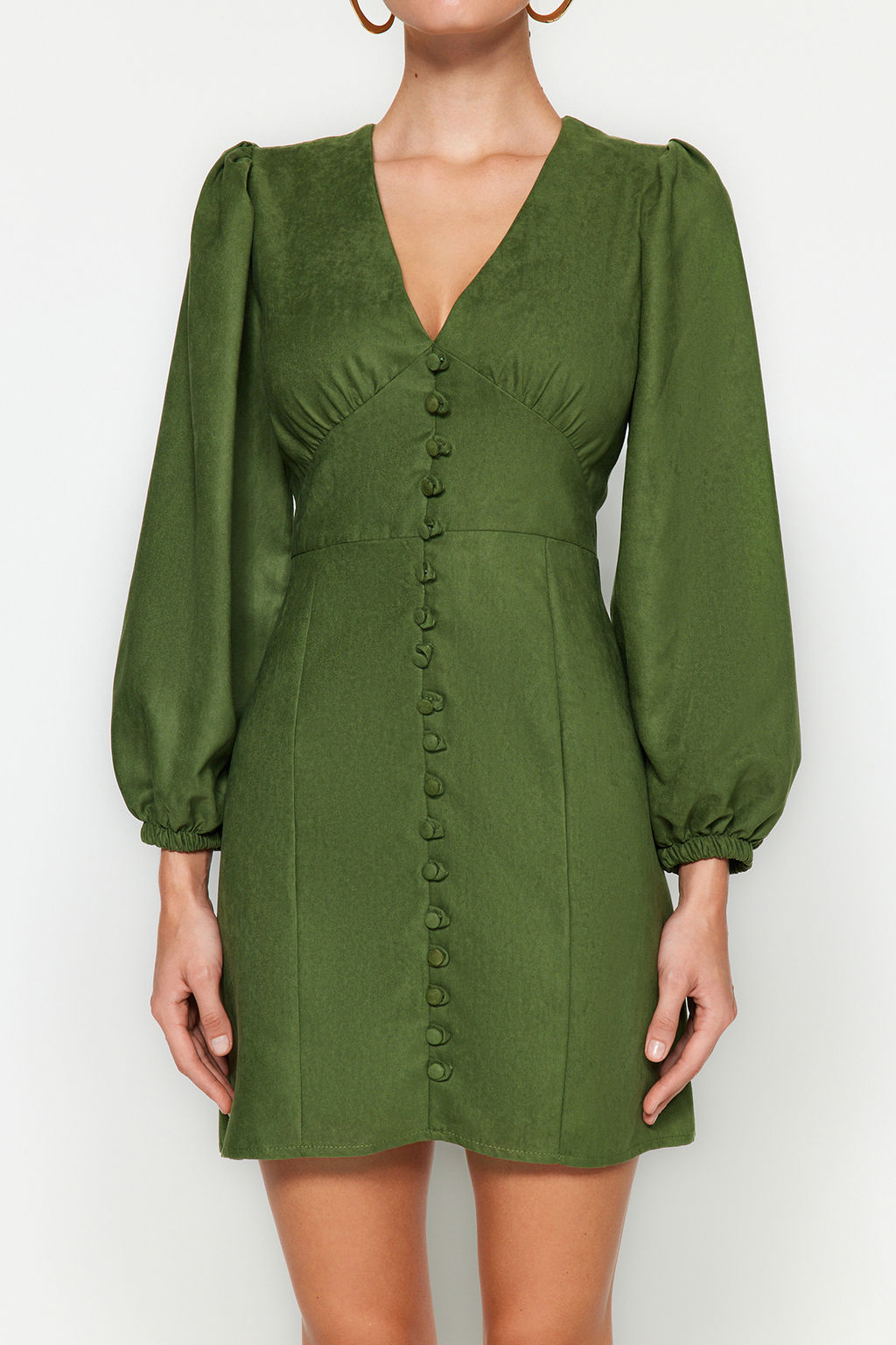 TRENDYOLMILLA Kahverengi Duz Mini Mini Balon Kollu V Yaka Suet Dokuma Elbise TWOAW24EL00583 фото 4