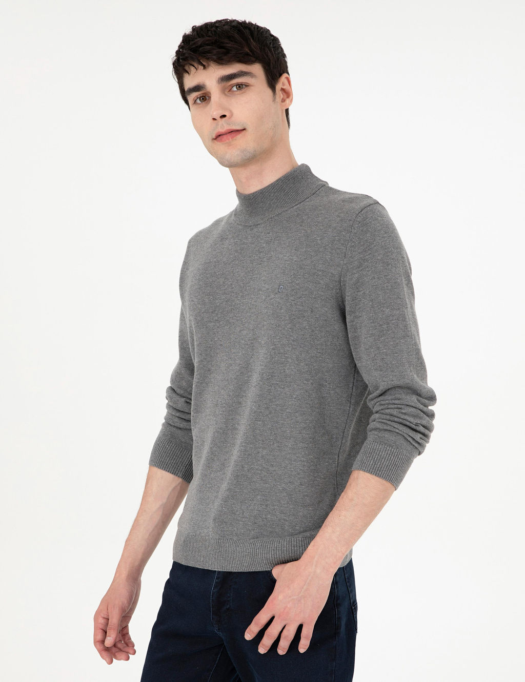 Gri Melanj Slim Fit Yar_m Bal_k__ Yaka Basic Triko Kazak