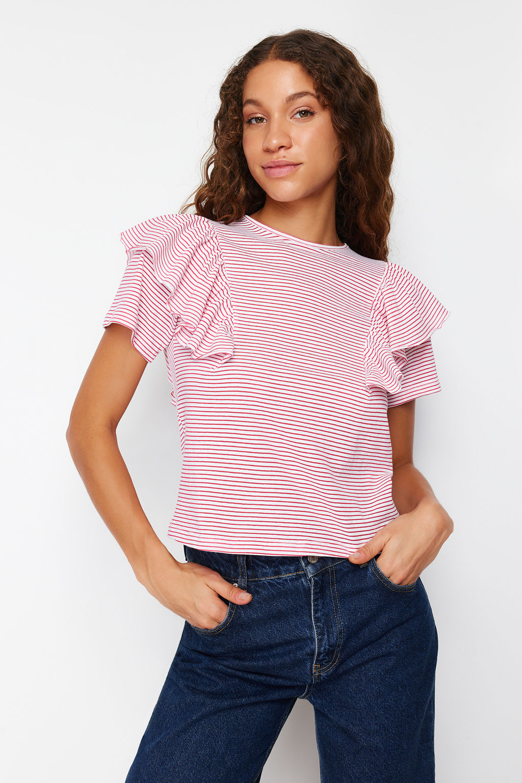 TRENDYOLMILLA Siyah Kollar? F?rf?rl? Regular/Normal Kal?p Cizgili Bisiklet Yaka Orme T-Shirt TWOSS24TS00061 фото 9