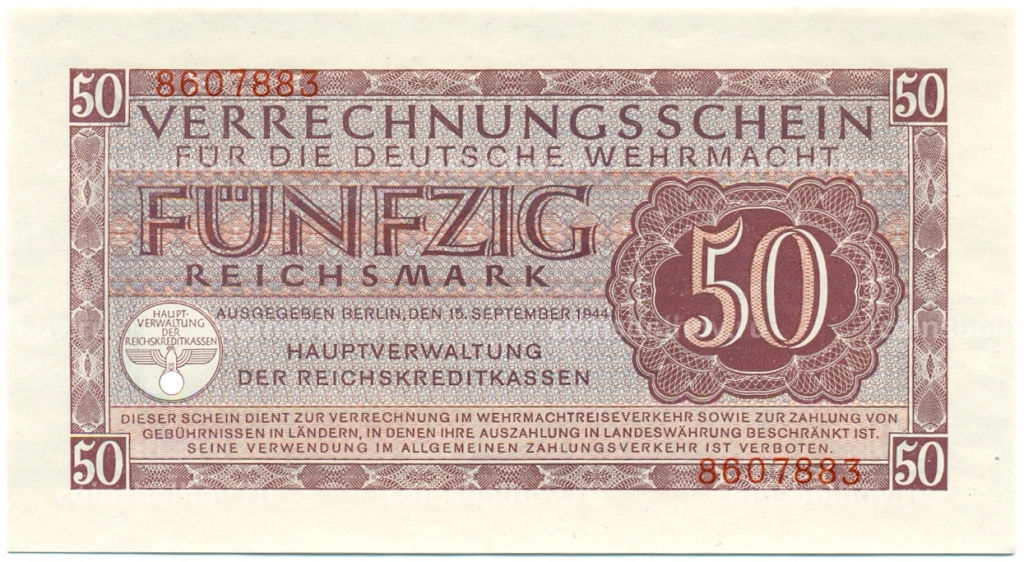 Банкнота 50 рейхсмарок 1944 года Германия (Вооруженные силы Германии)