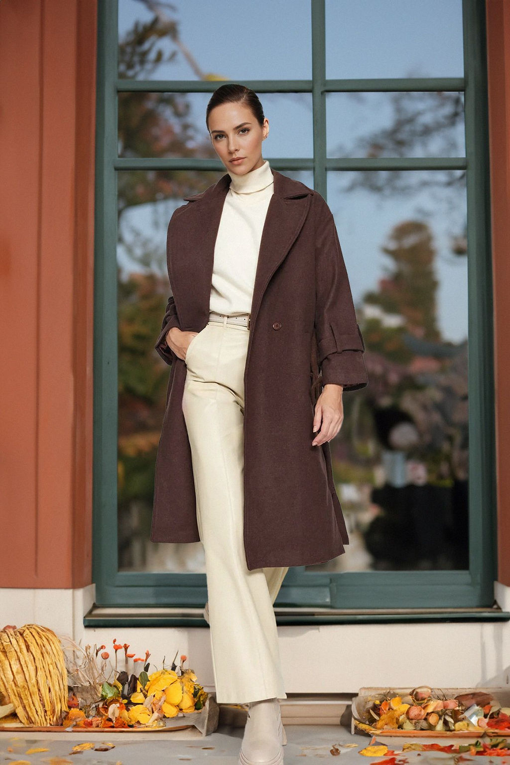 Trendyolmilla Koyu Kahverengi Oversize Genis Kesim Kemerli Uzun Yunlu Kase Kaban TWOAW22KB0015  фото 14