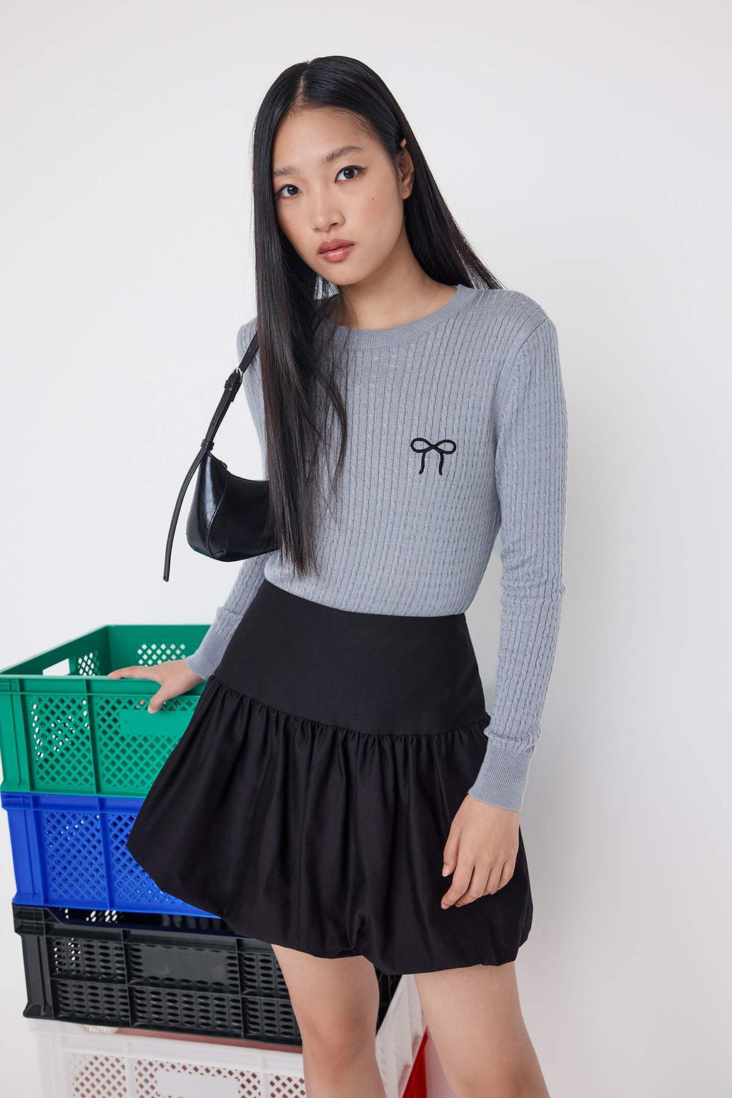 Teen Gri Merserize Gorunumlu Sac Orgu Nak?s Detayl? Triko Kazak TWOAW26KZ00055