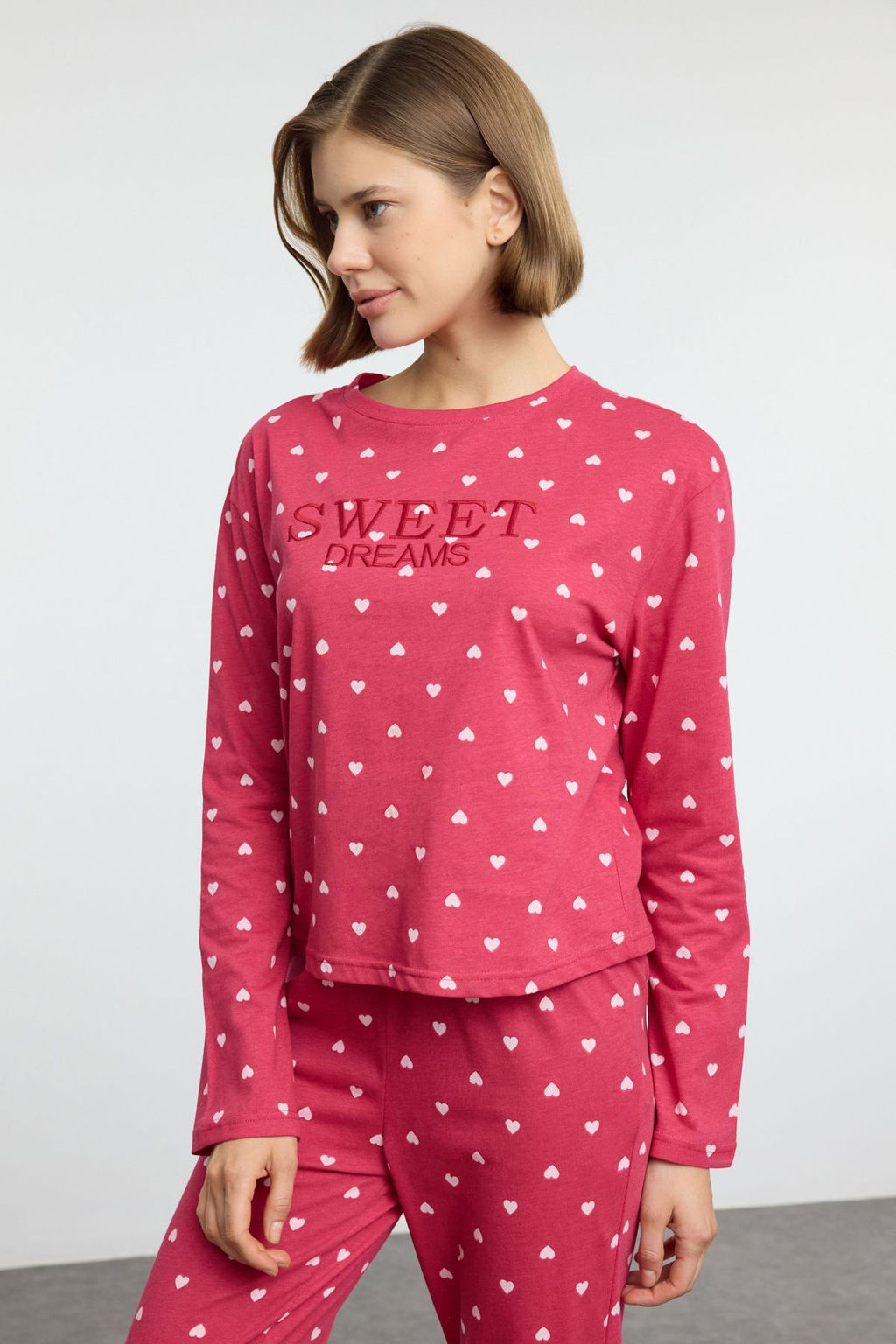 Pembe %100 Pamuklu Kalpli Slogan Nak?sl? Orme Pijama Tak?m? THMAW25PT00103 - Trendyolmilla фото 3
