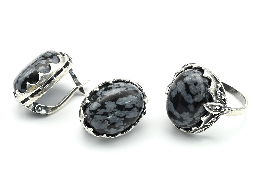Кольцо Серьги с обсидианом размер 20