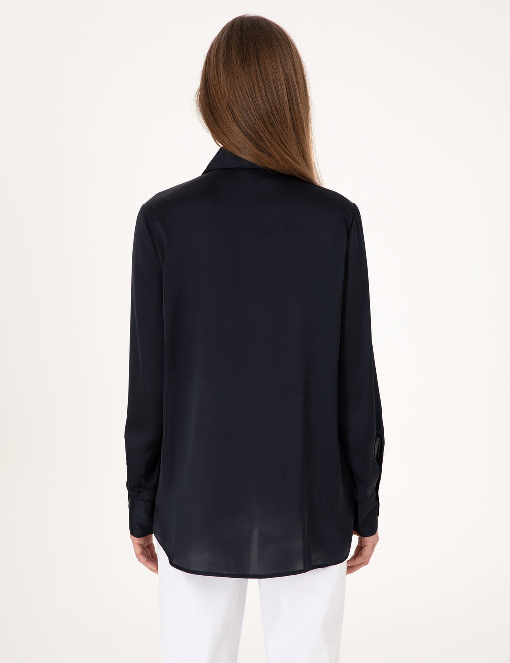 Lacivert Comfort Fit Saten Uzun Kollu G_mlek