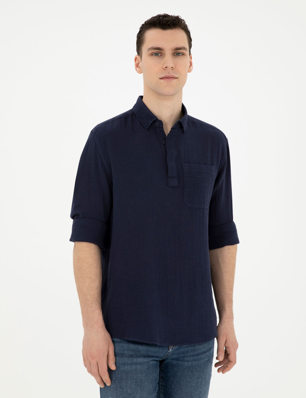 Lacivert Comfort Fit Uzun Kollu G_mlek